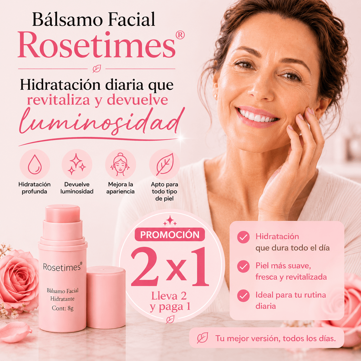 Bálsamo Facial Rosetimes - Hidratación diaria que revitaliza y devuelve luminosidad -    ¡PROMOCIÓN 2 X 1!