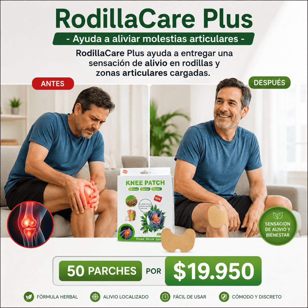 Parches Antiinflamatorio - RodillaCare Plus - Ayuda a aliviar molestias articulares