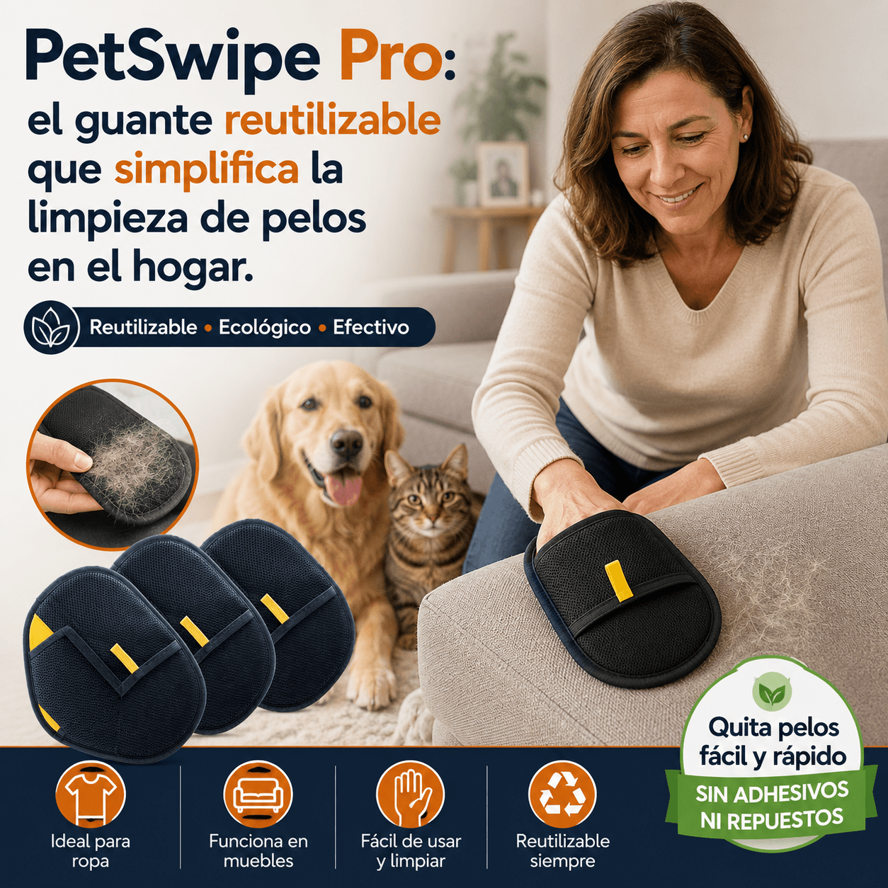 PetSwipe Pro - Quita pelos fácil y reutilizable al instante