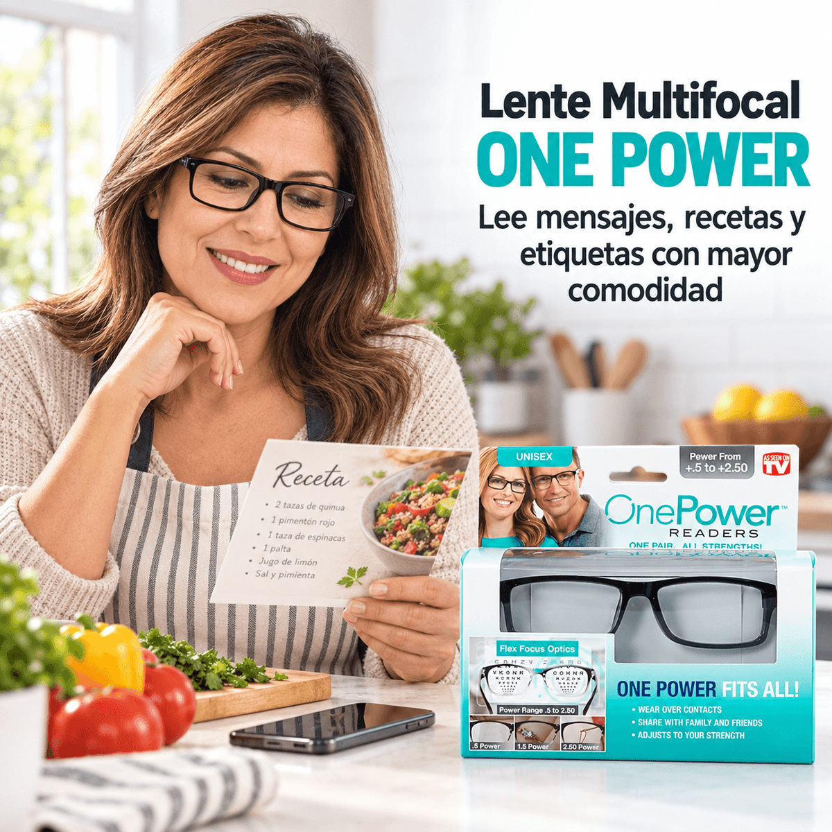 Lente Multifocal ONE POWER - Lee mensajes, recetas y etiquetas con mayor comodidad