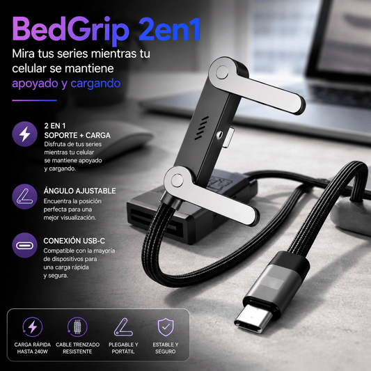 Cable Cargador y Soporte Bed Grip 2en1 - Tú celular se mantiene apoyado y cargando sin dañar el cable