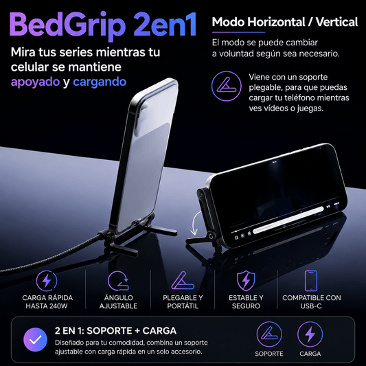 Cable Cargador y Soporte Bed Grip 2en1 - Tú celular se mantiene apoyado y cargando sin dañar el cable