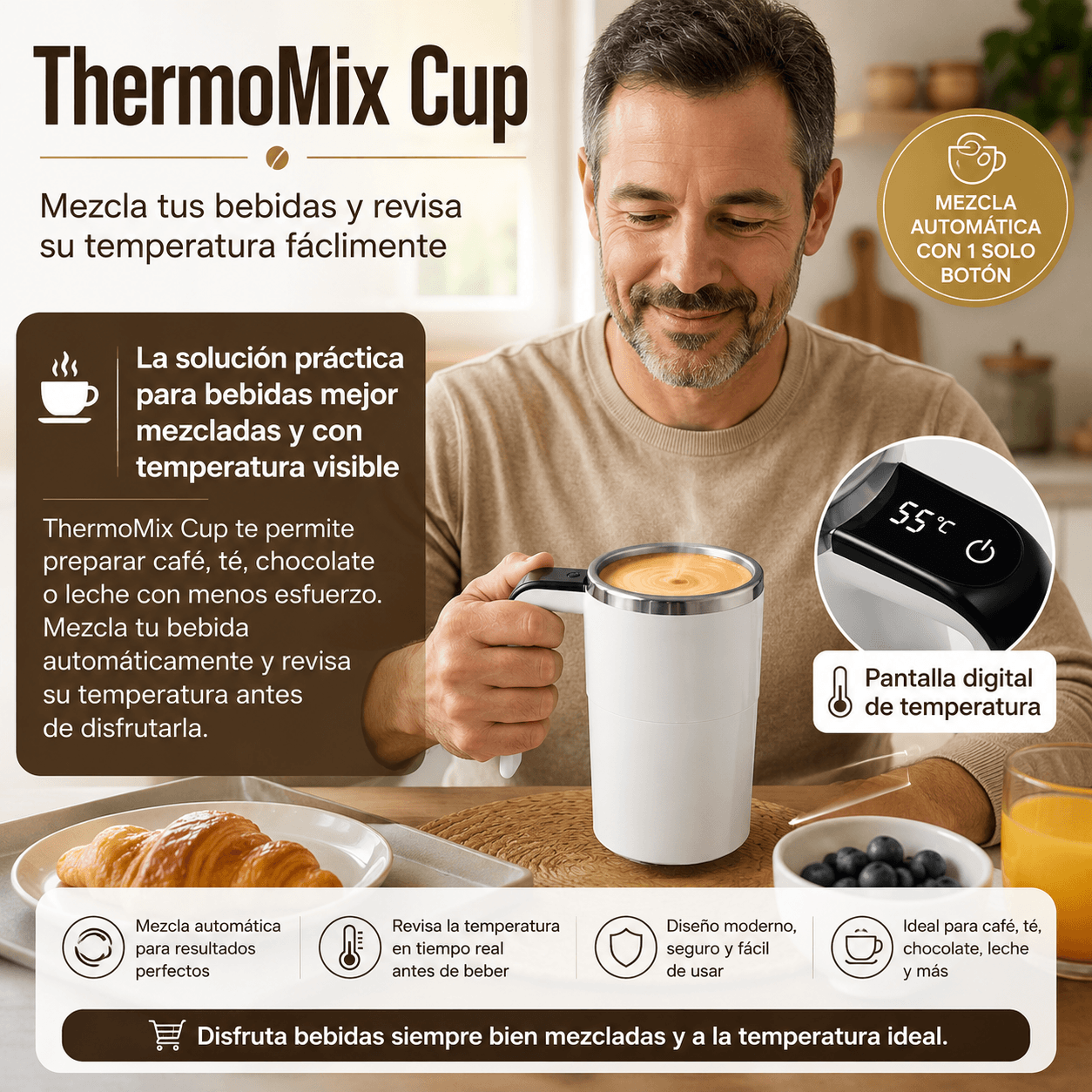 Taza De Café - ThermoMix Cup - Mezcla tus bebidas y revisa su temperatura fácilmente